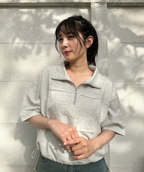 AS KNOW AS plus(アズノゥアズプラス)の「〇ハーフジップ 刺繍ロゴ半袖プルオーバー(Tシャツ/カットソー・レディース・オートミール/ブルー/オフホワイト/ブラック/スミクロ/サックスブルー/モカ/ブラック系/ベージュ系/ホワイト系/ブラック系1/アイボリー系1/ホワイト系1・FREE)」の11枚目の写真