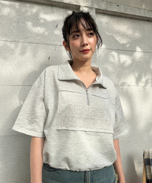 AS KNOW AS plus(アズノゥアズプラス)の「〇ハーフジップ 刺繍ロゴ半袖プルオーバー(Tシャツ/カットソー・レディース・オートミール/ブルー/オフホワイト/ブラック/スミクロ/サックスブルー/モカ/ブラック系/ベージュ系/ホワイト系/ブラック系1/アイボリー系1/ホワイト系1・FREE)」の16枚目の写真