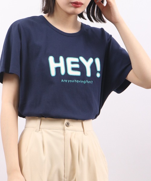 Emago(イマゴ)の「EMAGO HEYパッチワークドルマン半袖Tシャツ(Tシャツ/カットソー・レディース・ネイビー/アイボリー/ホワイト×グリーン・FREE)」の3枚目の写真