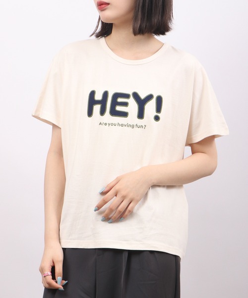 Emago(イマゴ)の「EMAGO HEYパッチワークドルマン半袖Tシャツ(Tシャツ/カットソー・レディース・ネイビー/アイボリー/ホワイト×グリーン・FREE)」の2枚目の写真