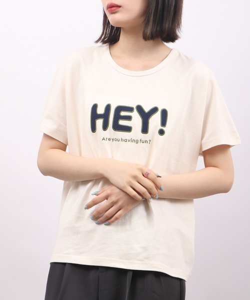 Emago(イマゴ)の「EMAGO HEYパッチワークドルマン半袖Tシャツ(Tシャツ/カットソー・レディース・ネイビー/アイボリー/ホワイト×グリーン・FREE)」の7枚目の写真