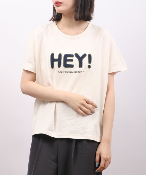 Emago(イマゴ)の「EMAGO HEYパッチワークドルマン半袖Tシャツ(Tシャツ/カットソー・レディース・ネイビー/アイボリー/ホワイト×グリーン・FREE)」の8枚目の写真