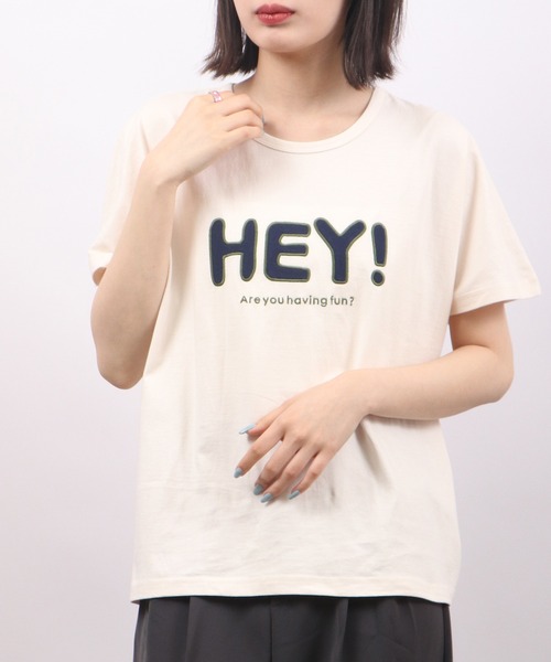 Emago(イマゴ)の「EMAGO HEYパッチワークドルマン半袖Tシャツ(Tシャツ/カットソー・レディース・ネイビー/アイボリー/ホワイト×グリーン・FREE)」の6枚目の写真