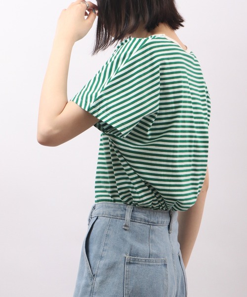 Emago(イマゴ)の「EMAGO HEYパッチワークドルマン半袖Tシャツ(Tシャツ/カットソー・レディース・ネイビー/アイボリー/ホワイト×グリーン・FREE)」の15枚目の写真