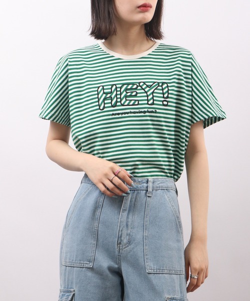 Emago(イマゴ)の「EMAGO HEYパッチワークドルマン半袖Tシャツ(Tシャツ/カットソー・レディース・ネイビー/アイボリー/ホワイト×グリーン・FREE)」の13枚目の写真