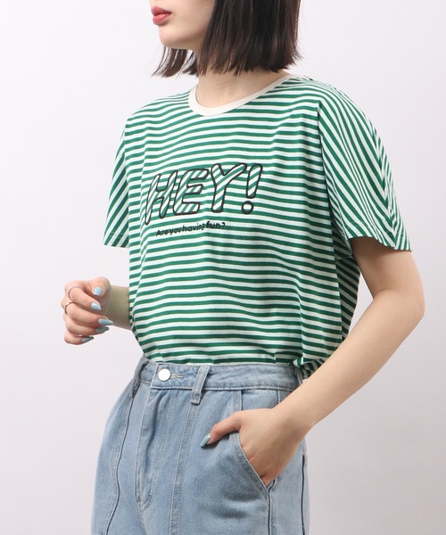 Emago(イマゴ)の「EMAGO HEYパッチワークドルマン半袖Tシャツ(Tシャツ/カットソー・レディース・ネイビー/アイボリー/ホワイト×グリーン・FREE)」の14枚目の写真