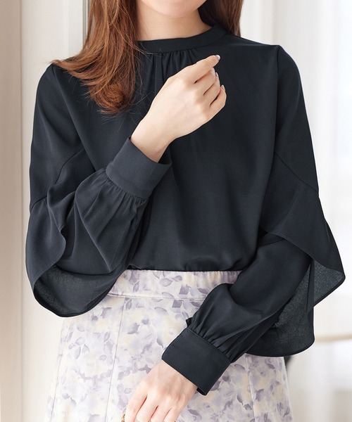 alotta（アロッタ）の「フリル袖プチハイネックブラウス（シャツ/ブラウス・レディース・ネイビー/ピンク/サックスブルー/ライトグレー・M/LL/L/3L）」の17枚目の写真