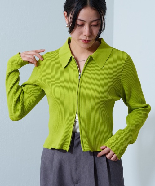 COLONY 2139（コロニートゥーワンスリーナイン）の「エステルヤーン衿付きダブルジップリブトップス（ニット/セーター・レディース・グレイッシュベージュ/グレー/レッド/ブラック/ライム/オフホワイト/ライトグレー・FREE）」の7枚目の写真