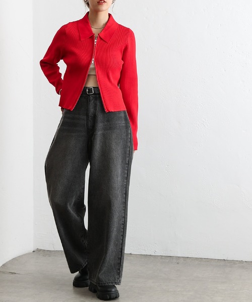 COLONY 2139（コロニートゥーワンスリーナイン）の「エステルヤーン衿付きダブルジップリブトップス（ニット/セーター・レディース・グレイッシュベージュ/グレー/レッド/ブラック/ライム/オフホワイト/ライトグレー・FREE）」の16枚目の写真