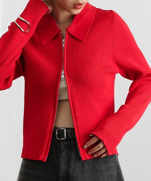 COLONY 2139（コロニートゥーワンスリーナイン）の「エステルヤーン衿付きダブルジップリブトップス（ニット/セーター・レディース・グレイッシュベージュ/グレー/レッド/ブラック/ライム/オフホワイト/ライトグレー・FREE）」の8枚目の写真