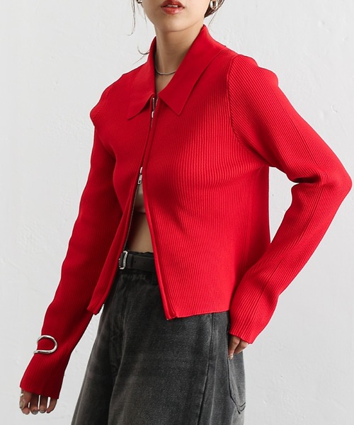 COLONY 2139（コロニートゥーワンスリーナイン）の「エステルヤーン衿付きダブルジップリブトップス（ニット/セーター・レディース・グレイッシュベージュ/グレー/レッド/ブラック/ライム/オフホワイト/ライトグレー・FREE）」の12枚目の写真