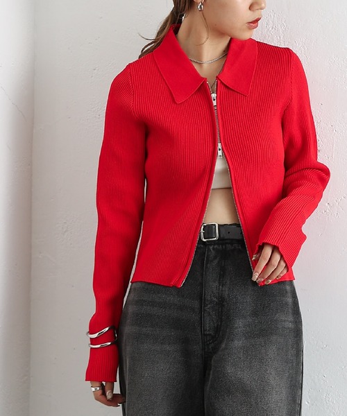 COLONY 2139（コロニートゥーワンスリーナイン）の「エステルヤーン衿付きダブルジップリブトップス（ニット/セーター・レディース・グレイッシュベージュ/グレー/レッド/ブラック/ライム/オフホワイト/ライトグレー・FREE）」の13枚目の写真