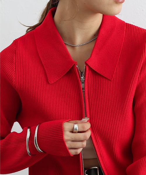 COLONY 2139（コロニートゥーワンスリーナイン）の「エステルヤーン衿付きダブルジップリブトップス（ニット/セーター・レディース・グレイッシュベージュ/グレー/レッド/ブラック/ライム/オフホワイト/ライトグレー・FREE）」の9枚目の写真