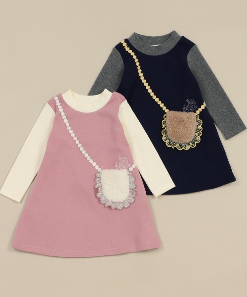 Love&Peace&Money(ラブアンドピースアンドマネー)の「ボアポシェット裏毛ワンピース(ワンピース・キッズ・ピンク/ネイビー・80cm/90cm/100cm/110cm/120cm/130cm)」の4枚目の写真