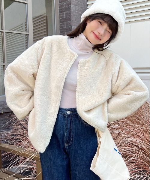 ad thie（アドティエ）の「ふわふわソフトタッチ エコファージャケット（ブルゾン・レディース・キャメル/アイボリー/ピンク/ベージュ/ダークブラウン・FREE）」の17枚目の写真