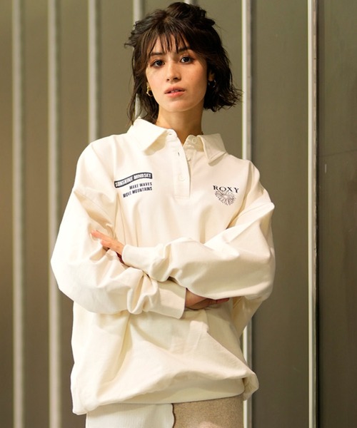 ROXY(ロキシー)の「ROXY/ロキシー 長袖ポロシャツ オーバーサイズ RPO241033M(ポロシャツ・レディース・オフホワイト/ブラック/グリーン・L/M)」の2枚目の写真