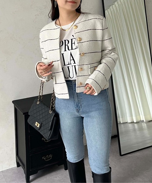 prose verse(プロズヴェール)の「ボーダーツイードジャケット(ノーカラージャケット・レディース・オフホワイト・LARGE/MEDIUM)」の3枚目の写真