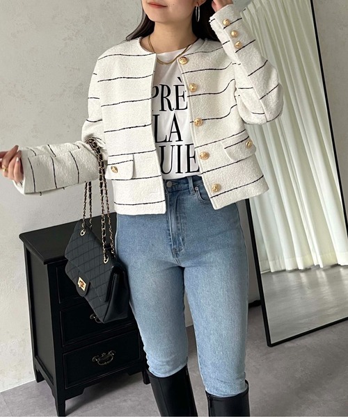 prose verse(プロズヴェール)の「ボーダーツイードジャケット(ノーカラージャケット・レディース・オフホワイト・LARGE/MEDIUM)」の2枚目の写真
