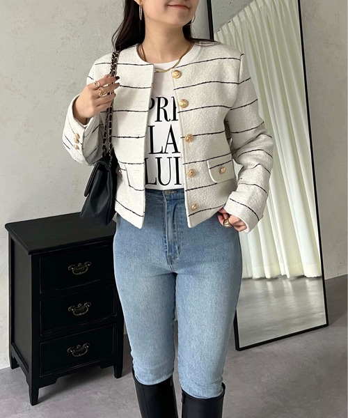 prose verse(プロズヴェール)の「ボーダーツイードジャケット(ノーカラージャケット・レディース・オフホワイト・LARGE/MEDIUM)」の4枚目の写真