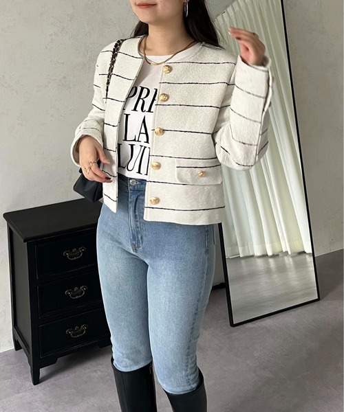 prose verse(プロズヴェール)の「ボーダーツイードジャケット(ノーカラージャケット・レディース・オフホワイト・LARGE/MEDIUM)」の8枚目の写真