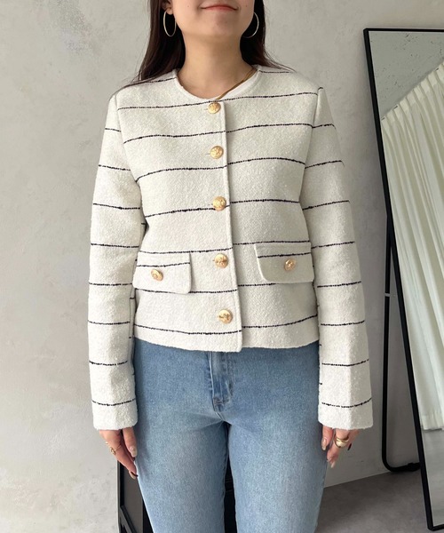 prose verse(プロズヴェール)の「ボーダーツイードジャケット(ノーカラージャケット・レディース・オフホワイト・LARGE/MEDIUM)」の14枚目の写真