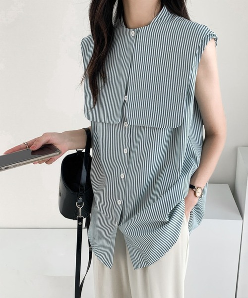 ECLIN（エクラン）の「ノースリーブストライプルーズシャツ（シャツ/ブラウス・レディース・ブルー/ブラック/グリーン・M/L）」の3枚目の写真