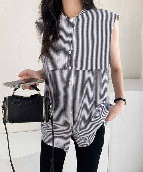 ECLIN（エクラン）の「ノースリーブストライプルーズシャツ（シャツ/ブラウス・レディース・ブルー/ブラック/グリーン・M/L）」の4枚目の写真