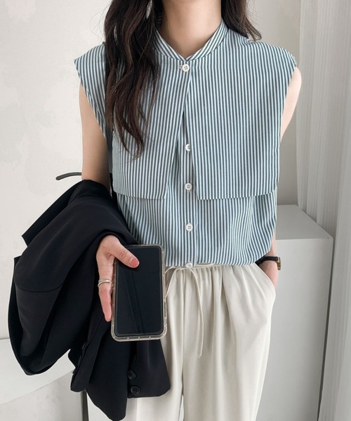 ECLIN（エクラン）の「ノースリーブストライプルーズシャツ（シャツ/ブラウス・レディース・ブルー/ブラック/グリーン・M/L）」の6枚目の写真