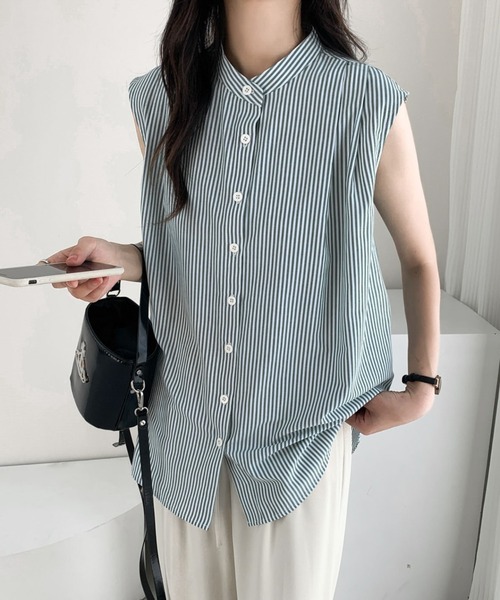 ECLIN（エクラン）の「ノースリーブストライプルーズシャツ（シャツ/ブラウス・レディース・ブルー/ブラック/グリーン・M/L）」の9枚目の写真