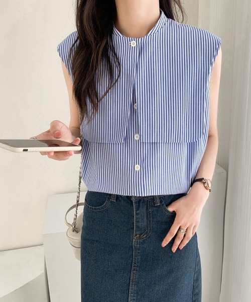 ECLIN（エクラン）の「ノースリーブストライプルーズシャツ（シャツ/ブラウス・レディース・ブルー/ブラック/グリーン・M/L）」の14枚目の写真