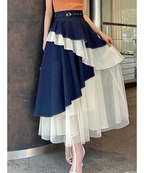 RESEXXY（リゼクシー）の「チュールドッキングフレアスカート（デニムスカート・レディース・インディゴブルー/ブラック/ベージュ・FREE）」の3枚目の写真