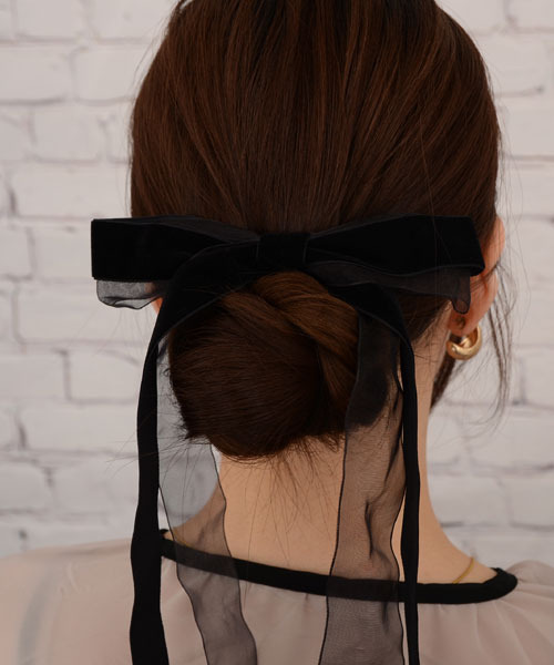 TONE SELECT GOODS（トーンセレクトグッズ）の「【float】シフォン ベロア ベルベット ブラック ロングリボン バレッタ（バレッタ/ヘアクリップ・レディース・ブラック・FREE）」の5枚目の写真