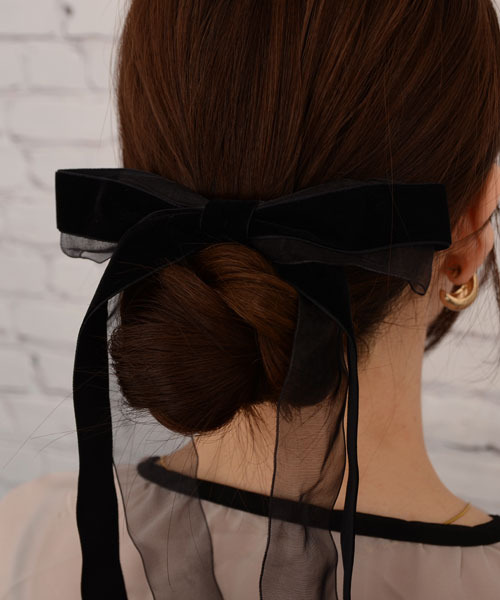 TONE SELECT GOODS（トーンセレクトグッズ）の「【float】シフォン ベロア ベルベット ブラック ロングリボン バレッタ（バレッタ/ヘアクリップ・レディース・ブラック・FREE）」の6枚目の写真