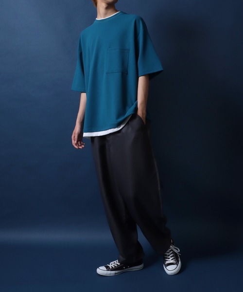 ANPAS(アンパス)の「Georgette Fake Layered T-shirt/ジョーゼット オーバーサイズ フェイクレイヤード ビッグシルエット Tシャツ(Tシャツ/カットソー・メンズ・ホワイト/ターコイズブルー/ワイン/チャコール/ネイビー/ライトグレー/ブラック/ブルー・M/L)」の10枚目の写真