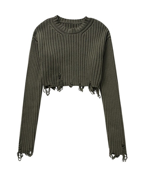 ROOPTOKYO（ループトウキョウ）の「▲Damage Short Knit / ダメージショート丈ニットトップス（ニット/セーター・レディース・ダークブラウン/オリーブ/ブラック/ホワイト・L/M/S）」の4枚目の写真