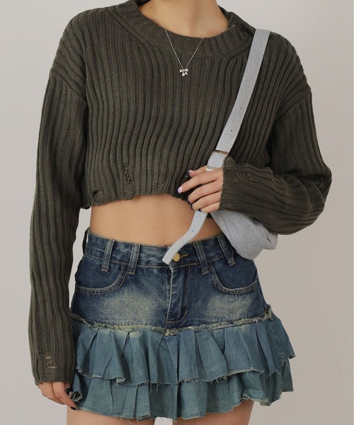 ROOPTOKYO（ループトウキョウ）の「▲Damage Short Knit / ダメージショート丈ニットトップス（ニット/セーター・レディース・ダークブラウン/オリーブ/ブラック/ホワイト・L/M/S）」の5枚目の写真