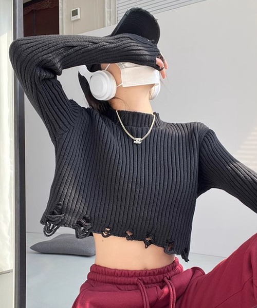 ROOPTOKYO（ループトウキョウ）の「▲Damage Short Knit / ダメージショート丈ニットトップス（ニット/セーター・レディース・ダークブラウン/オリーブ/ブラック/ホワイト・L/M/S）」の7枚目の写真