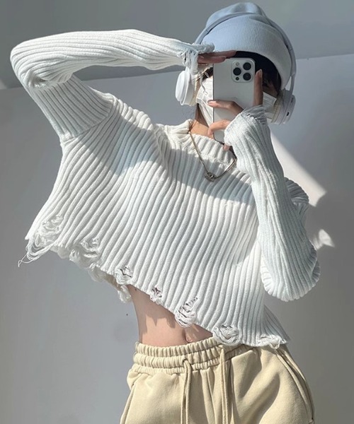 ROOPTOKYO（ループトウキョウ）の「▲Damage Short Knit / ダメージショート丈ニットトップス（ニット/セーター・レディース・ダークブラウン/オリーブ/ブラック/ホワイト・L/M/S）」の8枚目の写真