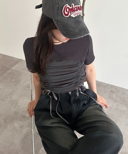 apres jour mignon(アプレジュールミニョン)の「【apres jour mignon】シアーレースドロスト切り替えリブTシャツ【ZOZOTOWN限定アイテム】(Tシャツ/カットソー・レディース・ブラック/オフホワイト/チャコールグレー/ナチュラル/ブラック系その他・フリー/X-LARGE)」の2枚目の写真