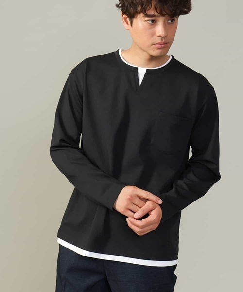 a.v.v(アーヴェヴェ)の「【きれいめで楽チン】キーネックフェイクレイヤードセミワイドカットソー(Tシャツ/カットソー・メンズ・ネイビー/ブラック/ボルドー・48/50/46/44)」の2枚目の写真