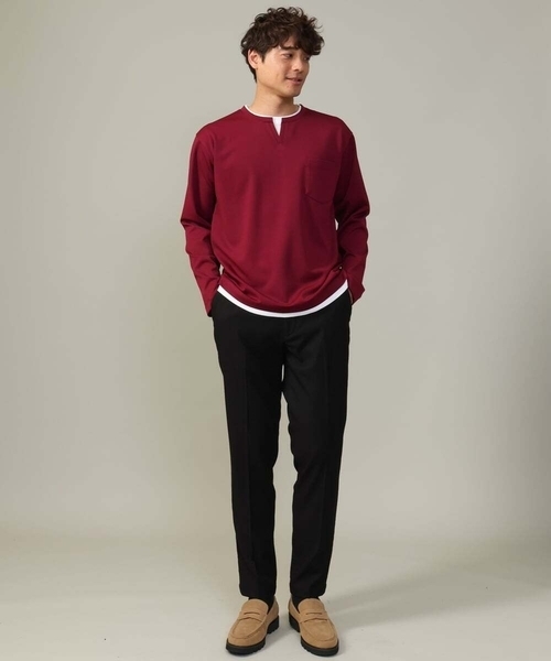 a.v.v(アーヴェヴェ)の「【きれいめで楽チン】キーネックフェイクレイヤードセミワイドカットソー(Tシャツ/カットソー・メンズ・ネイビー/ブラック/ボルドー・48/50/46/44)」の18枚目の写真