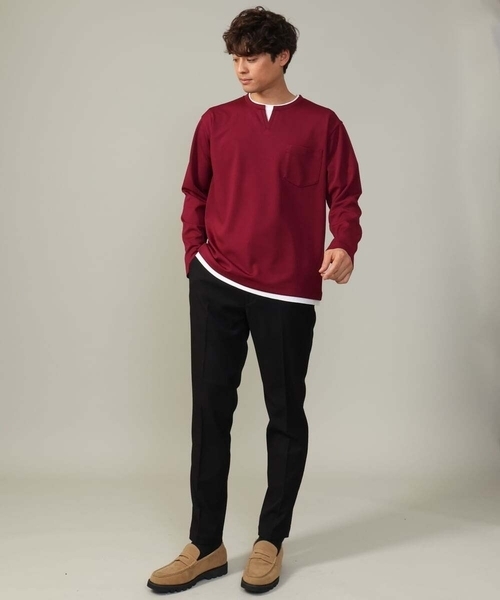 a.v.v(アーヴェヴェ)の「【きれいめで楽チン】キーネックフェイクレイヤードセミワイドカットソー(Tシャツ/カットソー・メンズ・ネイビー/ブラック/ボルドー・48/50/46/44)」の19枚目の写真