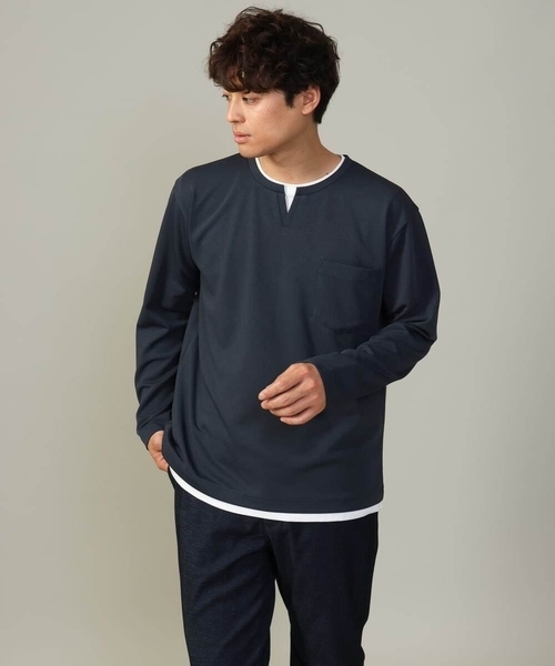 a.v.v(アーヴェヴェ)の「【きれいめで楽チン】キーネックフェイクレイヤードセミワイドカットソー(Tシャツ/カットソー・メンズ・ネイビー/ブラック/ボルドー・48/50/46/44)」の22枚目の写真