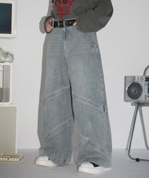 【12oz】オーバーサイズバギーワイドバイカーデニムパンツ ウォッシュ／ヴィンテージ加工【UNISEX】