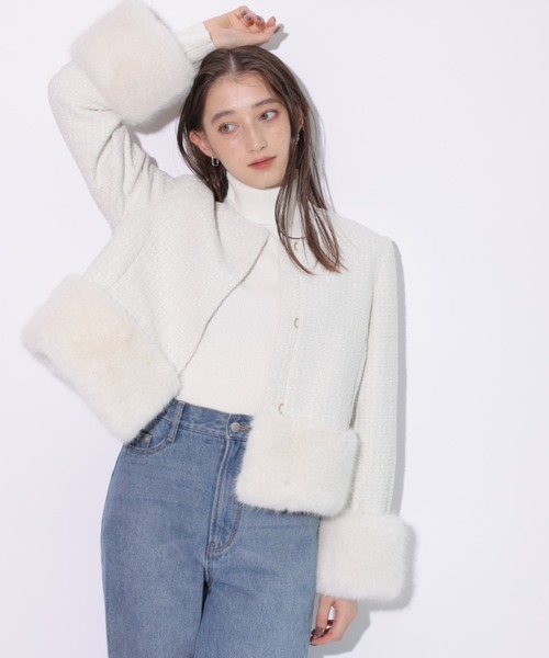 Rirandture（リランドチュール）の「ツイードファーコート（ダウンジャケット/コート・レディース・オフホワイト/ブラック・1/2）」の3枚目の写真