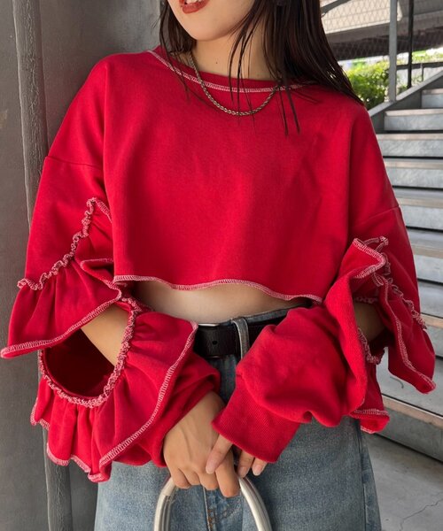 HELLO.SANFRANCISCO（ハローサンフランシスコ）の「【HELLO.SANFRANCISCO】カットアウトフリルトップス（Tシャツ/カットソー・レディース・レッド/ベージュ/ネイビー・ONE SIZE）」の7枚目の写真