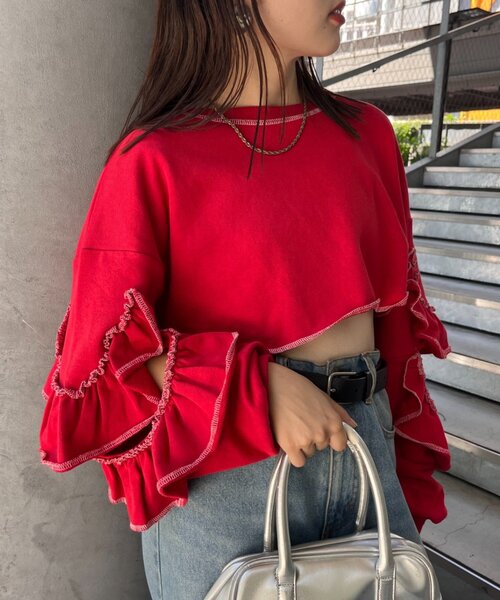 HELLO.SANFRANCISCO（ハローサンフランシスコ）の「【HELLO.SANFRANCISCO】カットアウトフリルトップス（Tシャツ/カットソー・レディース・レッド/ベージュ/ネイビー・ONE SIZE）」の9枚目の写真