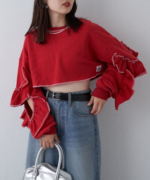 HELLO.SANFRANCISCO（ハローサンフランシスコ）の「【HELLO.SANFRANCISCO】カットアウトフリルトップス（Tシャツ/カットソー・レディース・レッド/ベージュ/ネイビー・ONE SIZE）」の11枚目の写真