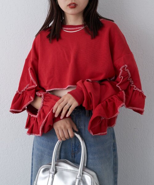 HELLO.SANFRANCISCO（ハローサンフランシスコ）の「【HELLO.SANFRANCISCO】カットアウトフリルトップス（Tシャツ/カットソー・レディース・レッド/ベージュ/ネイビー・ONE SIZE）」の12枚目の写真