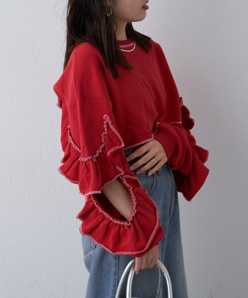 HELLO.SANFRANCISCO（ハローサンフランシスコ）の「【HELLO.SANFRANCISCO】カットアウトフリルトップス（Tシャツ/カットソー・レディース・レッド/ベージュ/ネイビー・ONE SIZE）」の14枚目の写真